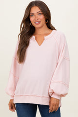 Light Pink Solid Rib Long Sleeve V-Neck Oversized Maternity Tunic Top