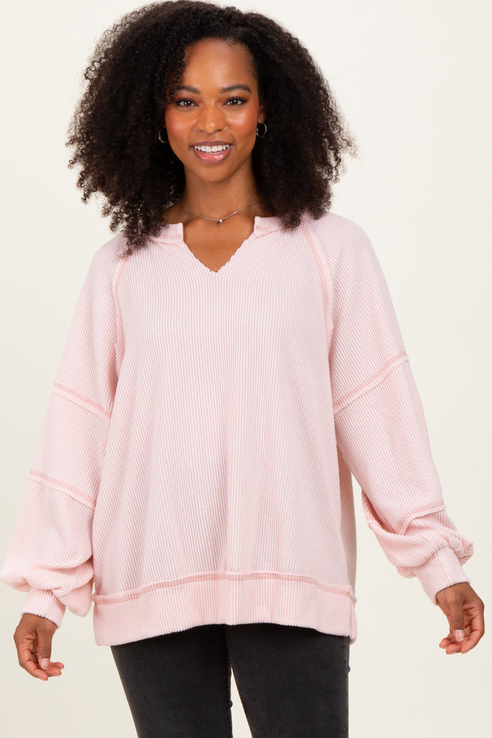 Light Pink Solid Rib Long Sleeve V-Neck Oversized Maternity Tunic Top