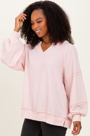 Light Pink Solid Rib Long Sleeve V-Neck Oversized Tunic Top
