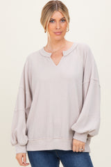 Beige Solid Rib Long Sleeve V-Neck Oversized Tunic Top