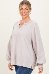 Beige Solid Rib Long Sleeve V-Neck Oversized Tunic Top