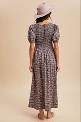 Grey Floral Smocked Puff Sleeve Maxi Dress