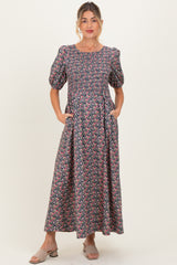Grey Floral Smocked Puff Sleeve Maternity Maxi Dress