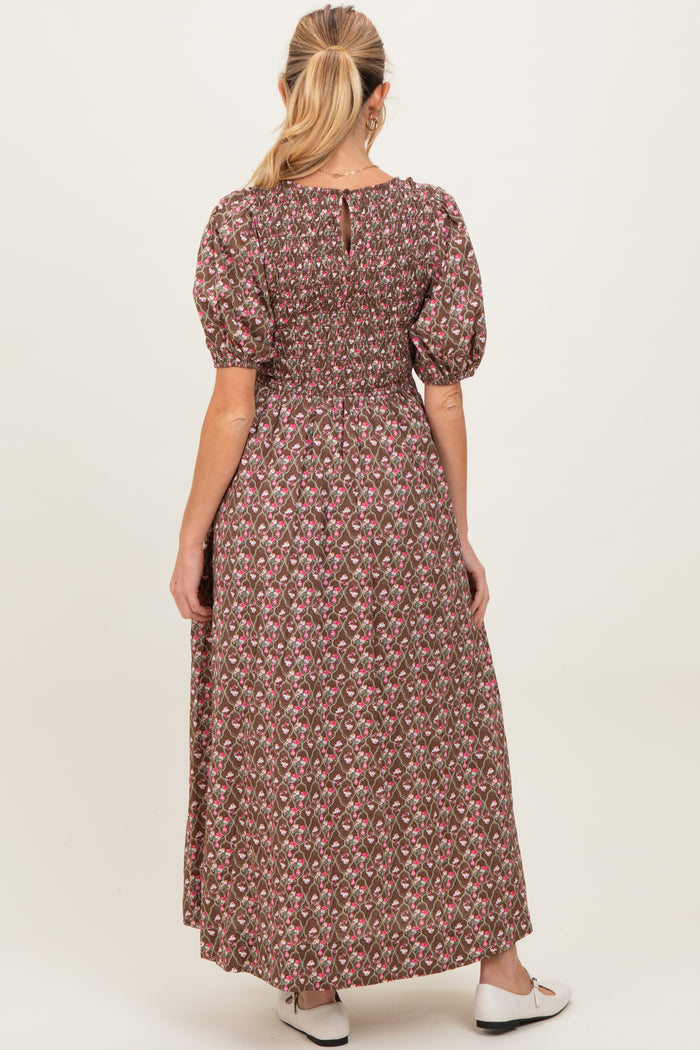 Mocha Floral Smocked Puff Sleeve Maternity Maxi Dress