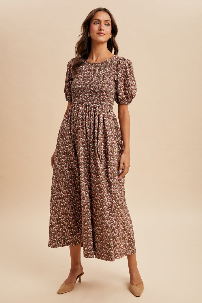 Mocha Floral Smocked Puff Sleeve Maternity Maxi Dress