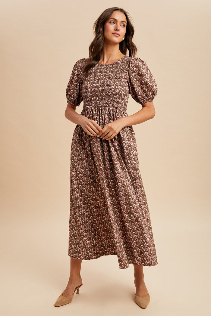 Mocha Floral Smocked Puff Sleeve Maxi Dress