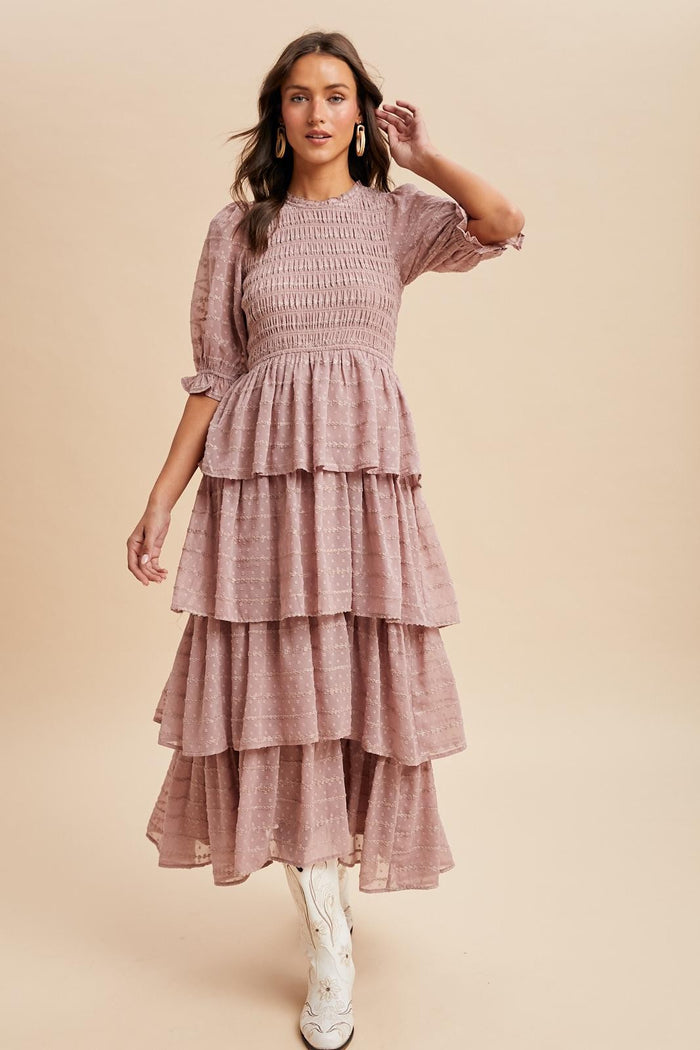 Mauve Smocked Swiss Dot Tiered Maxi Dress