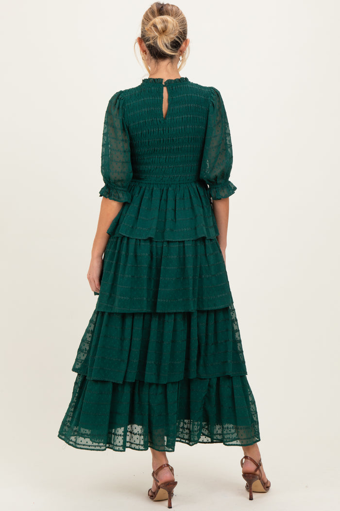 Forest Green Smocked Swiss Dot Tiered Maternity Maxi Dress