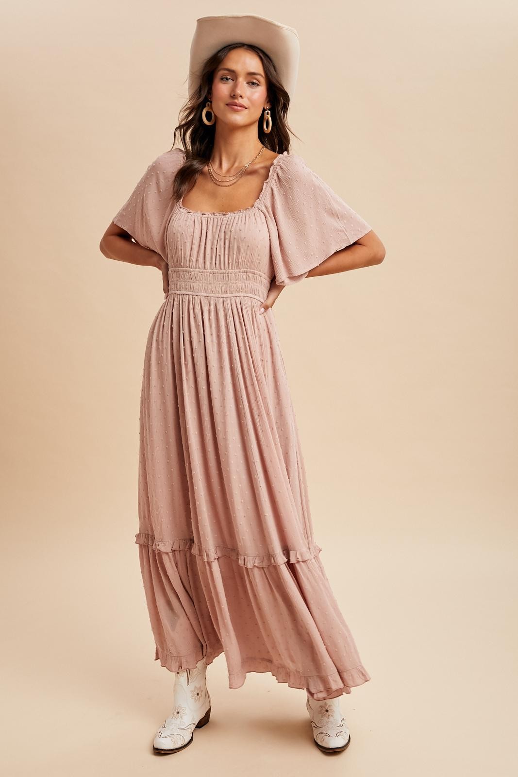 Light Pink Swiss Dot Ruffle Trim Maxi Dress