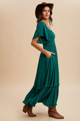 Forest Green Swiss Dot Ruffle Trim Maxi Dress