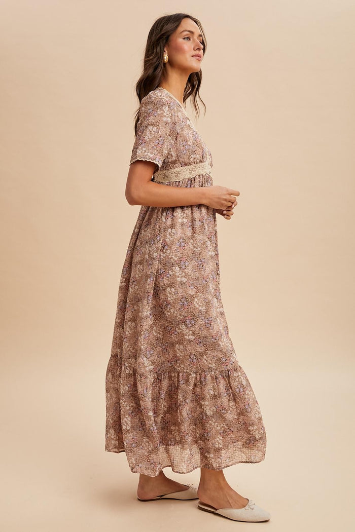 Mauve Floral Lace Detail Button Down Maxi Dress