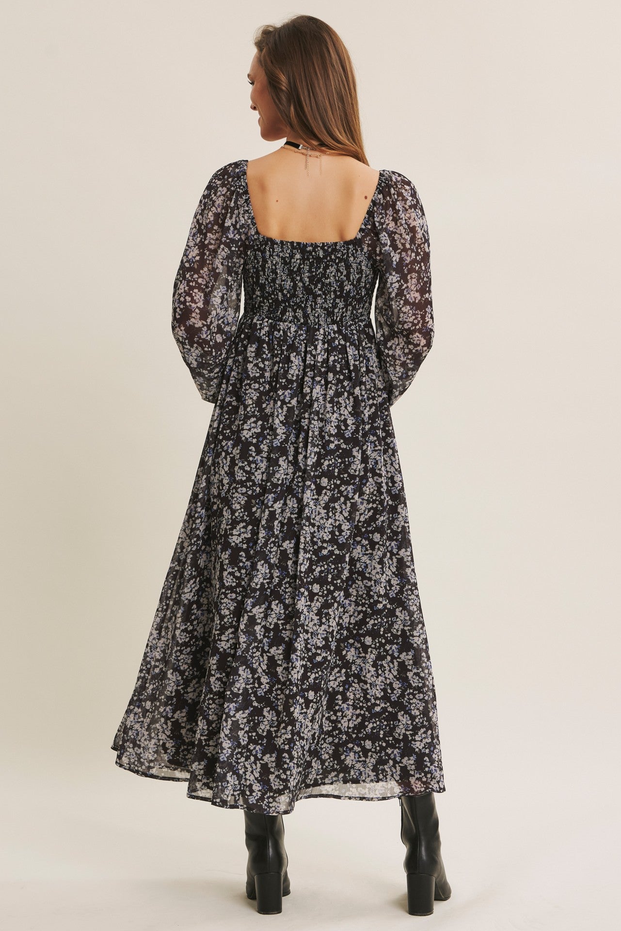 Black Floral Chiffon Twisted Front Midi Dress