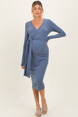 Denim Blue Ribbed Long Sleeve Maternity Wrap Dress