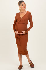 Mocha Ribbed Long Sleeve Maternity Wrap Dress
