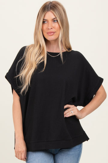 Black Solid Ribbed Short Sleeve Oversized Tunic Top
