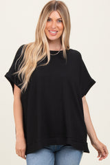 Black Solid Ribbed Short Sleeve Oversized Tunic Top