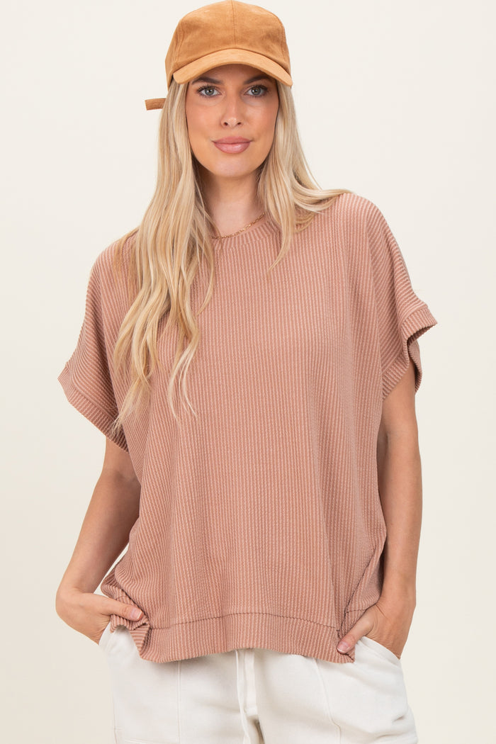 Brown Solid Ribbed Short Sleeve Oversized Maternity Tunic Top
