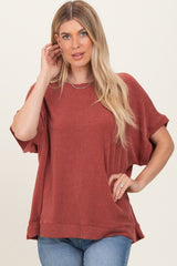 Rust Solid Ribbed Short Sleeve Oversized Maternity Tunic Top