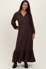 Brown Solid Long Sleeve Button Down Tiered Collared Maternity Dress