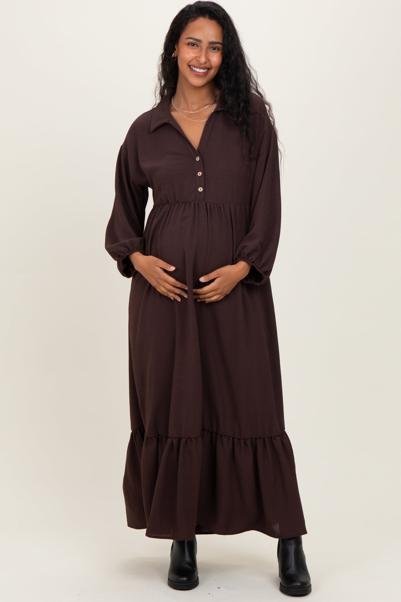 Brown Solid Long Sleeve Button Down Tiered Collared Maternity Dress