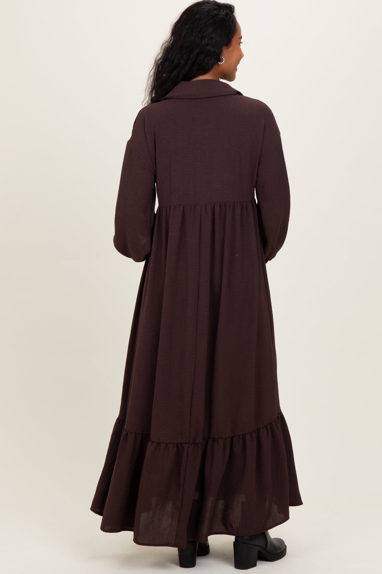 Brown Solid Long Sleeve Button Down Tiered Collared Maternity Dress