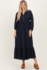 Navy Solid Long Sleeve Button Down Tiered Collared Dress
