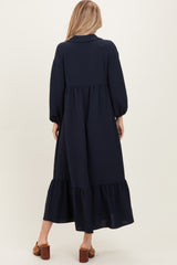 Navy Solid Long Sleeve Button Down Tiered Collared Dress