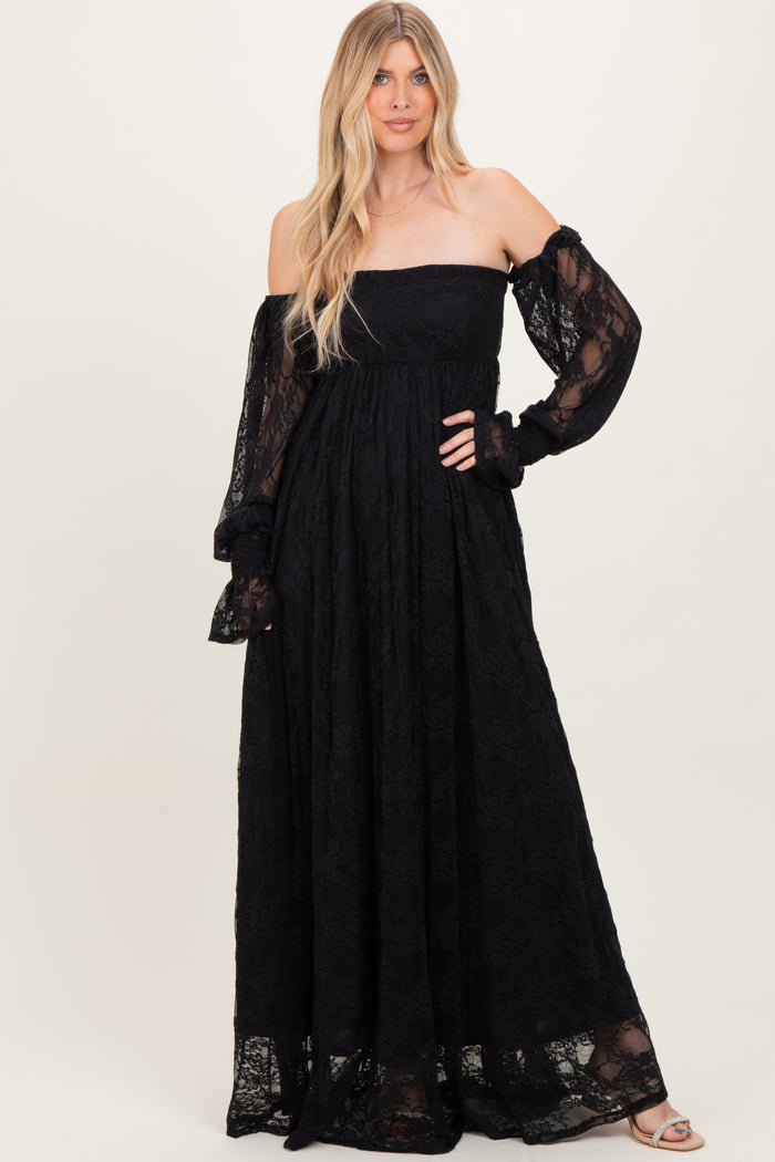 Black Lace Smocked Long Sleeve Off Shoulder Maternity Maxi Dress