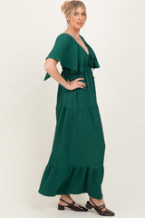 Hunter Green Textured Flutter Sleeve V-Neck Tiered Maxi Dress