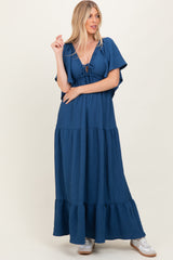 Royal Blue Textured Flutter Sleeve V-Neck Tiered Maxi Dress