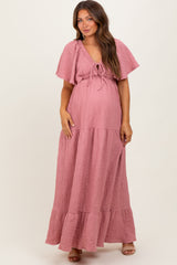 Mauve Woven Textured Flutter Sleeve V-Neck Tiered Maternity Maxi Dress