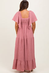 Mauve Woven Textured Flutter Sleeve V-Neck Tiered Maternity Maxi Dress