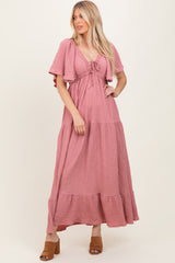Mauve Textured Flutter Sleeve V-Neck Tiered Maxi Dress