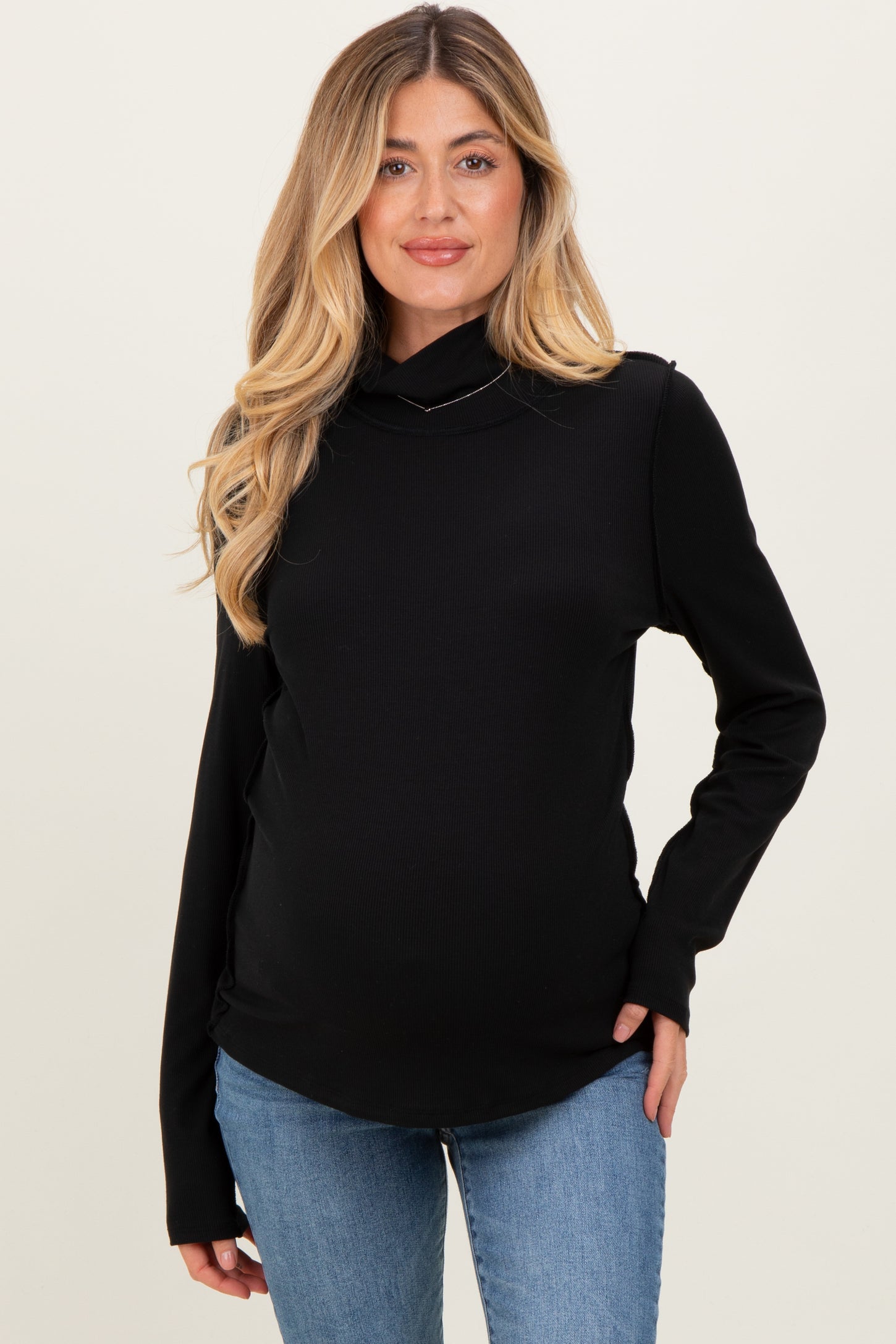 Black Solid Long Sleeve Ribbed Turtle Neck Maternity Top