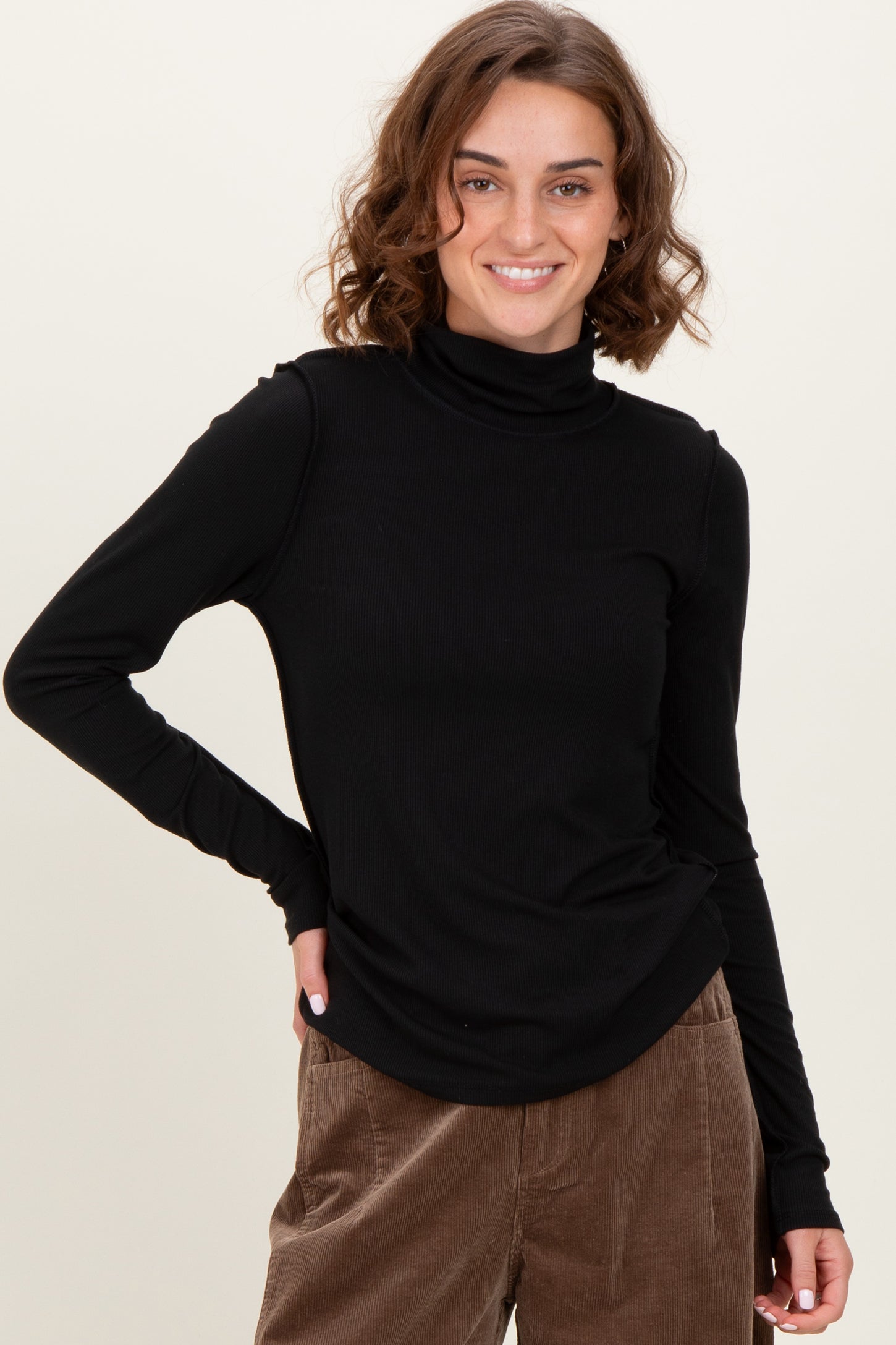 Black Solid Long Sleeve Ribbed Turtle Neck Maternity Top