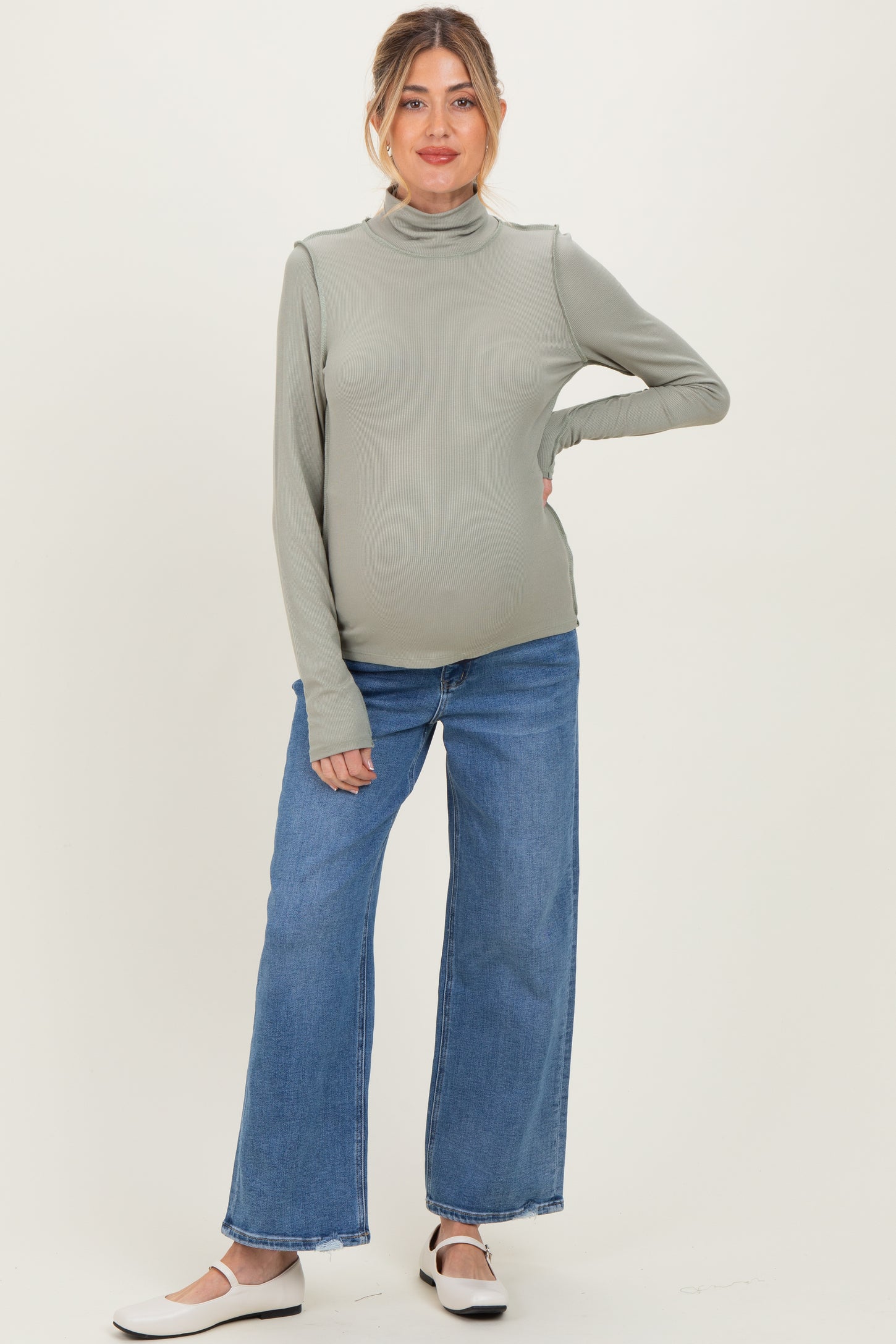 Light Olive Solid Long Sleeve Ribbed Turtle Neck Maternity Top