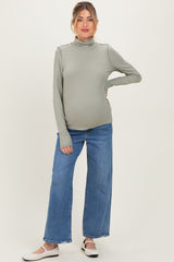 Light Olive Solid Long Sleeve Ribbed Turtle Neck Maternity Top