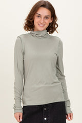 Light Olive Solid Long Sleeve Ribbed Turtle Neck Top