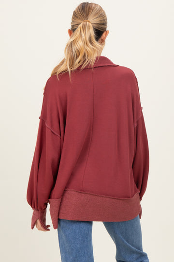 Burgundy Long Sleeve Reverse Stitch Collared Maternity Top