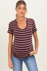 Burgundy Stripe Short Sleeve Round Neck Maternity Top