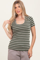 Olive Stripe Short Sleeve Round Neck Top