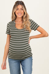 Olive Stripe Short Sleeve Round Neck Maternity Top