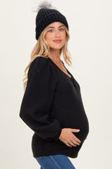 Black Solid Ribbed Long Sleeve V-Neck Maternity Tunic Top