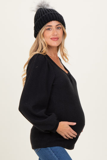 Black Solid Ribbed Long Sleeve V-Neck Maternity Tunic Top