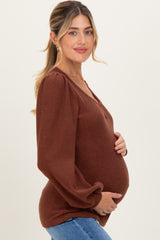 Brown Solid Ribbed Long Sleeve V-Neck Maternity Tunic Top