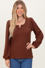 Brown Solid Ribbed Long Sleeve V-Neck Maternity Tunic Top