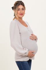 Beige Solid Ribbed Long Sleeve V-Neck Maternity Tunic Top