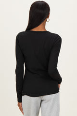 Black Solid Ribbed Long Sleeve Button Down Tunic Top