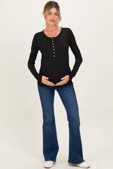 Black Solid Ribbed Long Sleeve Button Down Maternity Tunic Top