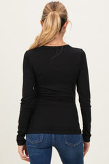 Black Solid Ribbed Long Sleeve Button Down Maternity Tunic Top